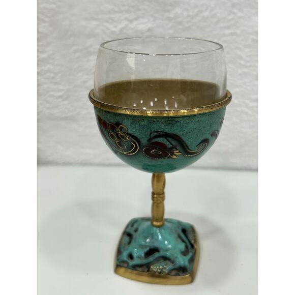 Vintage Enamel On Brass And Glass Insert Kiddish Cup Made in Israel - Picture 4 of 13